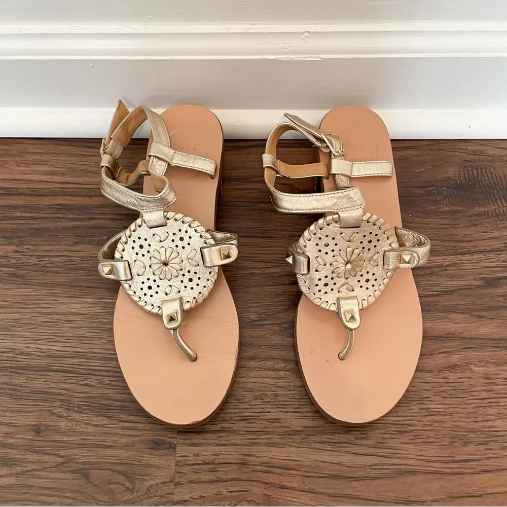 Jack Rogers Gretchen Block Heel Sandals Sz 7 Gold Leather